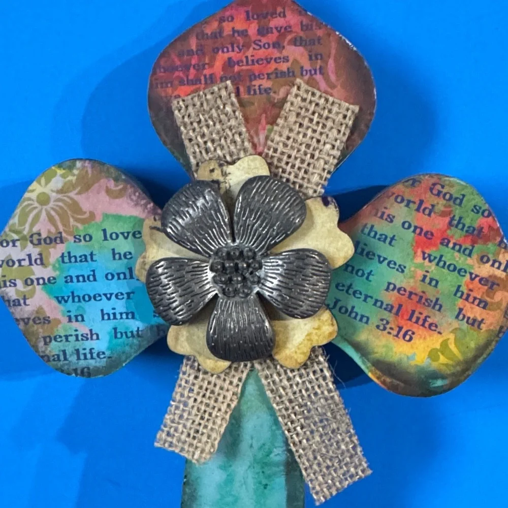 Colorful Decorative Cross with Burlap and Flower Accent